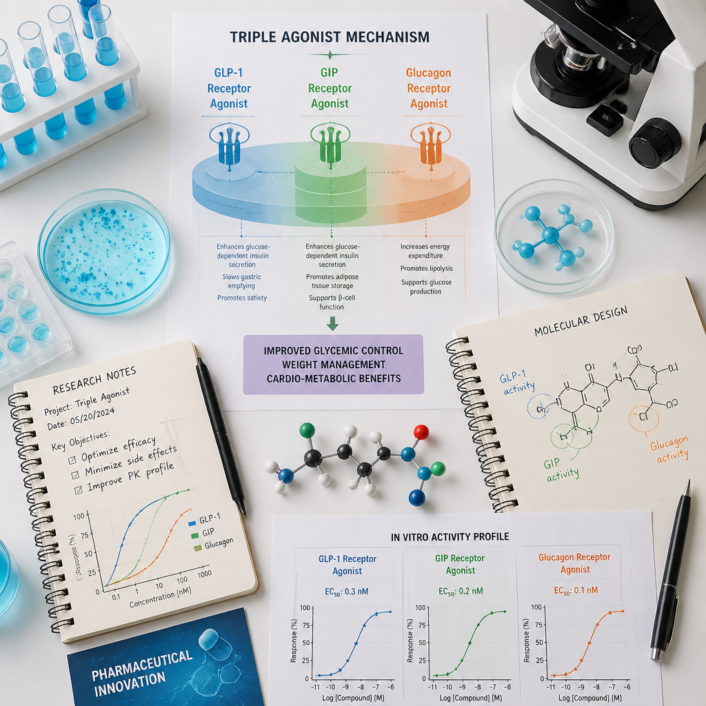 Pharmaceutical research workspace with laboratory equipment and research materials for metabolic studies