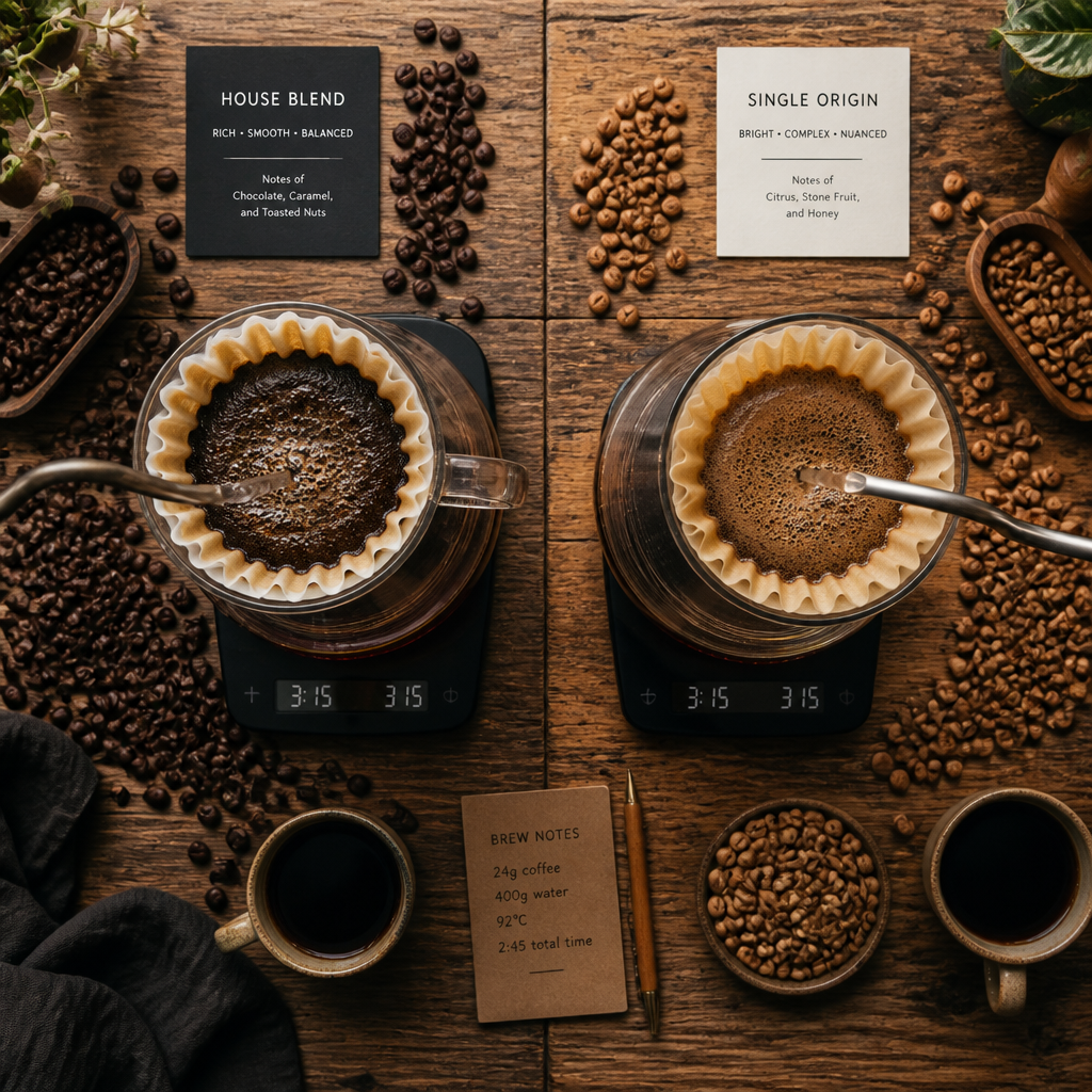 Two coffee brewing setups showcasing house blend and single origin coffee side by side