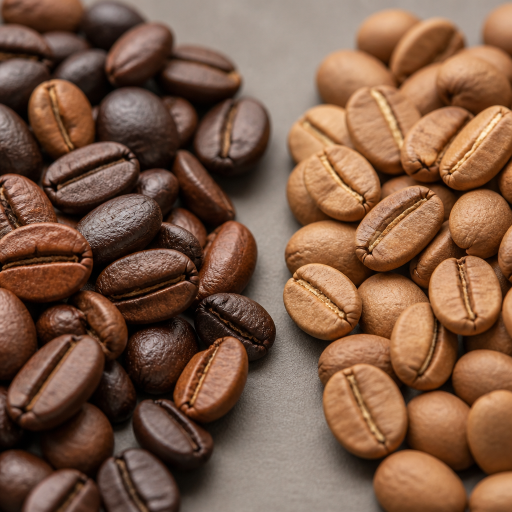 Macro comparison of house blend versus single origin coffee beans showing texture and color differences