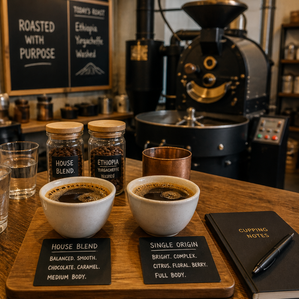 Coffee cupping tasting station comparing house blend and single origin flavor profiles