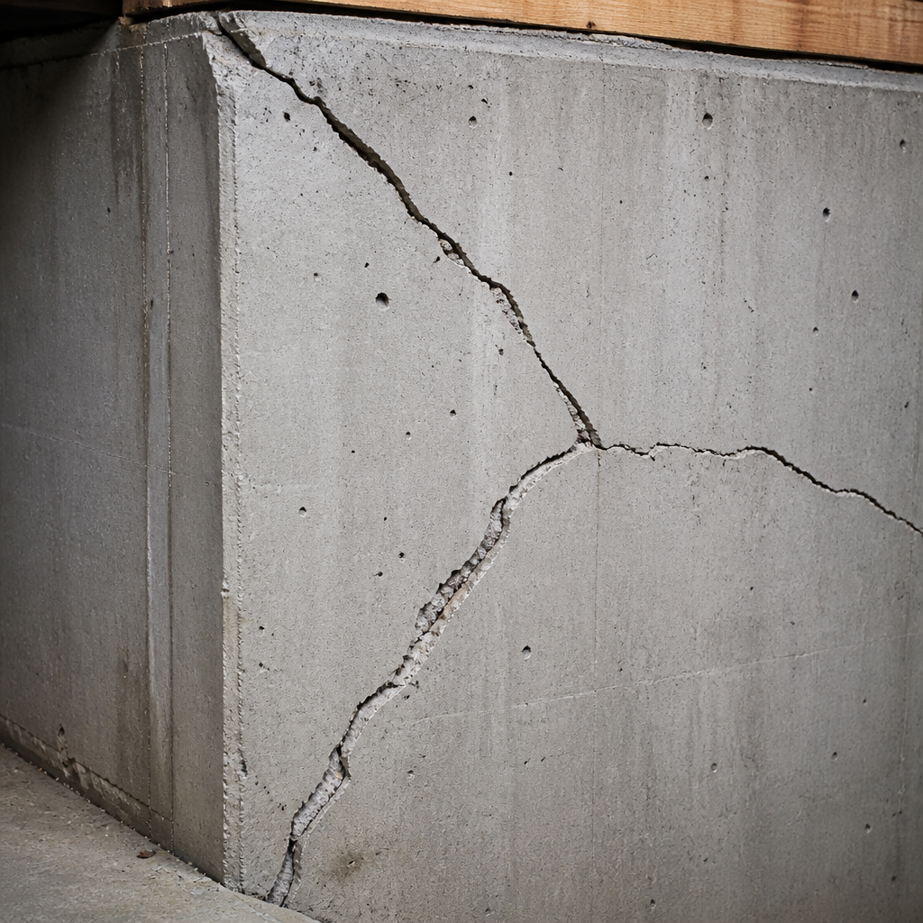 Fissures structurelles diagonales dans une fondation en béton