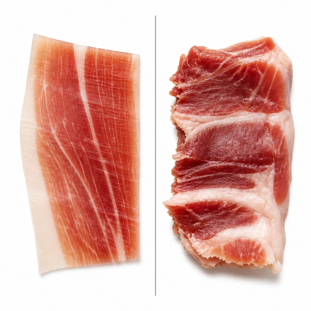 Comparación visual entre una loncha de jamón cortada a cuchillo (perfecta, 2mm) y una cortada a máquina (dañada).