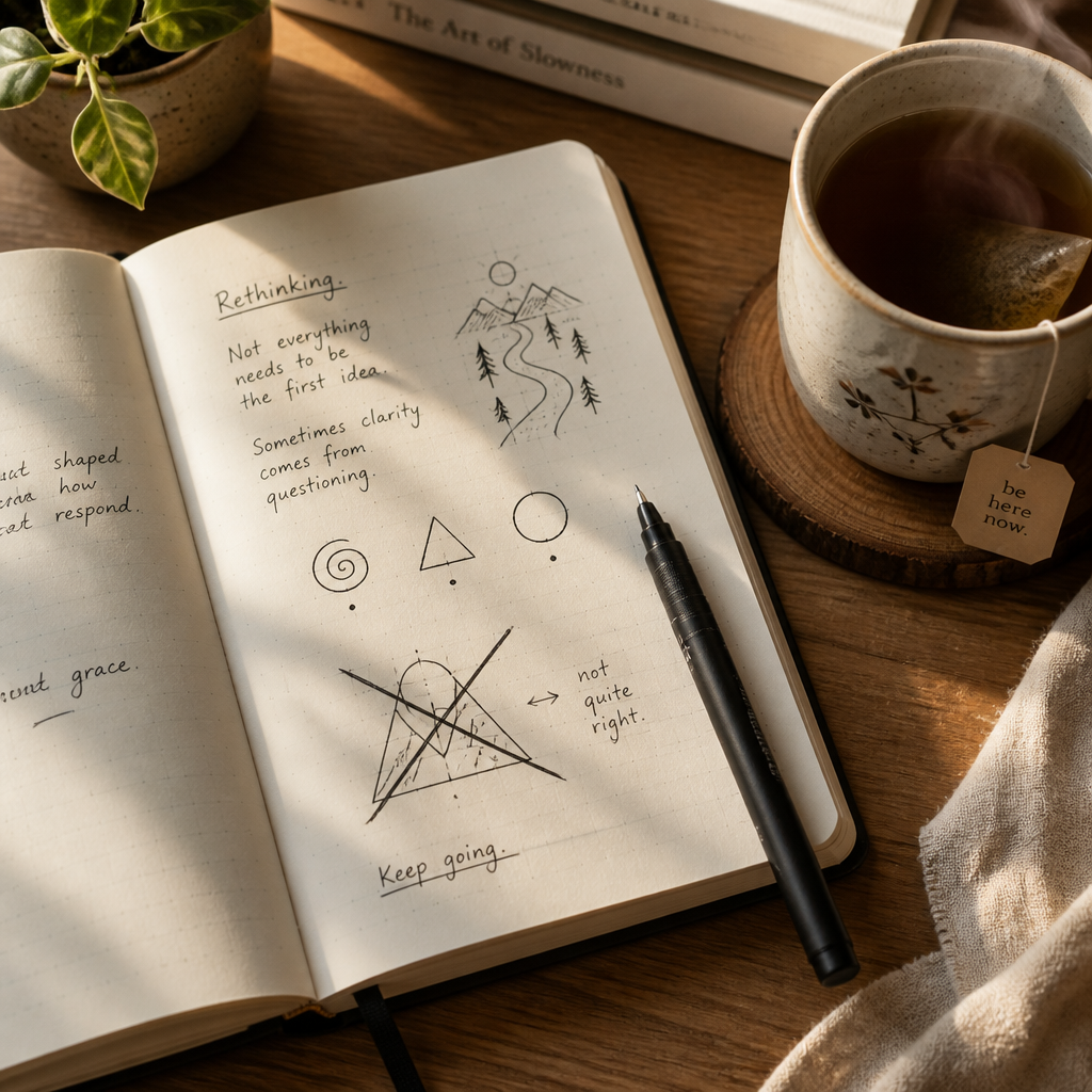Open journal with crossed-out sketch and tea on wooden desk in natural light