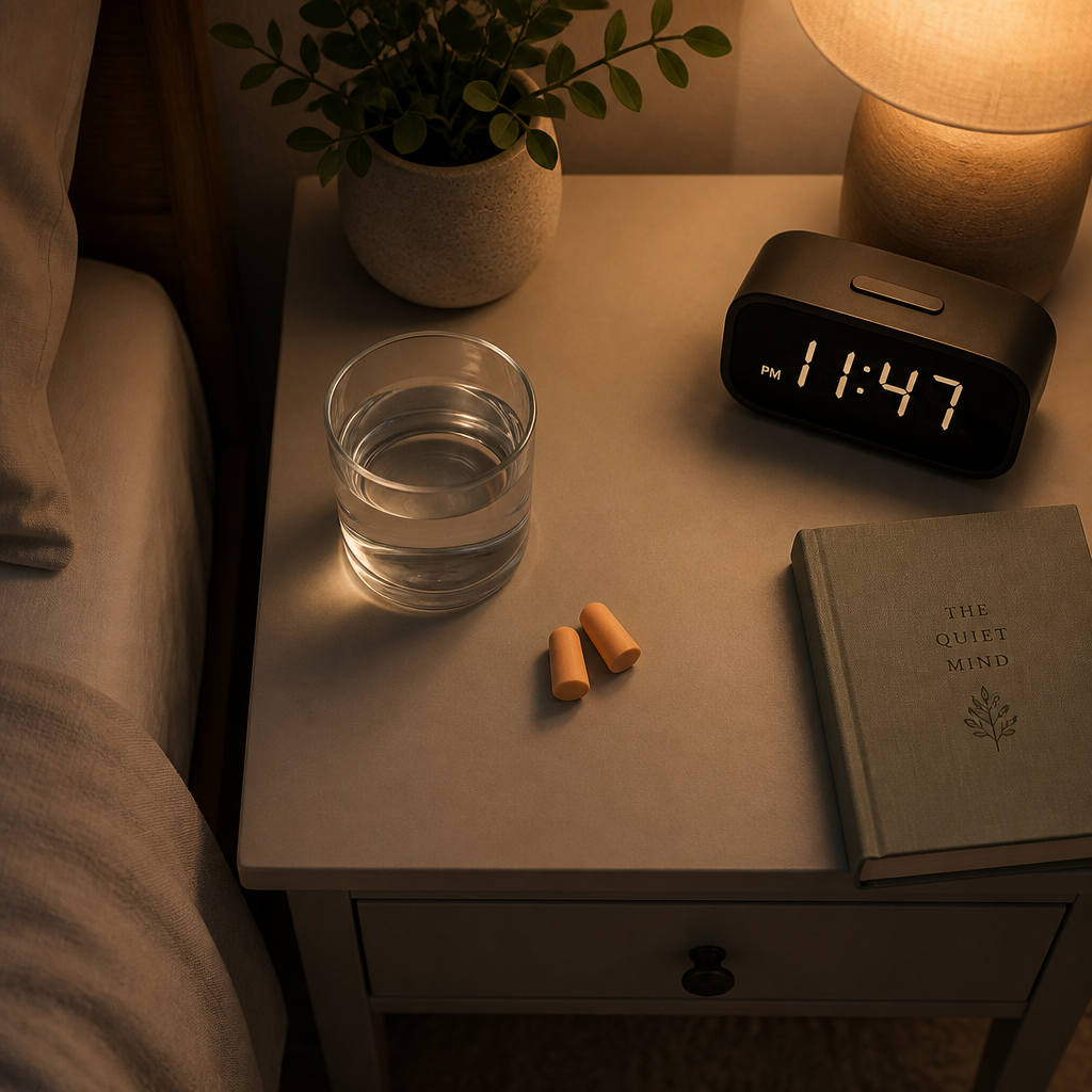 Ear plugs displayed on a bedroom nightstand with evening preparation elements
