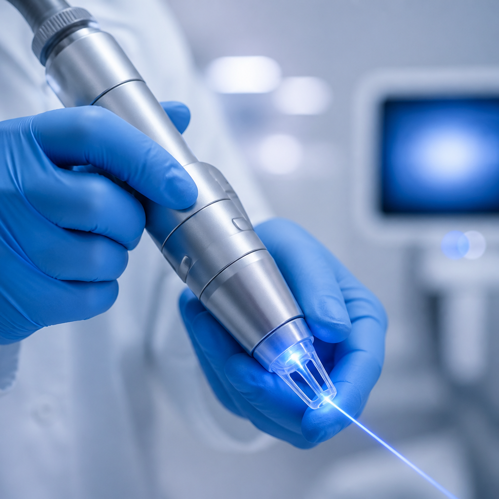 Healthcare professional holding advanced laser treatment device with precision