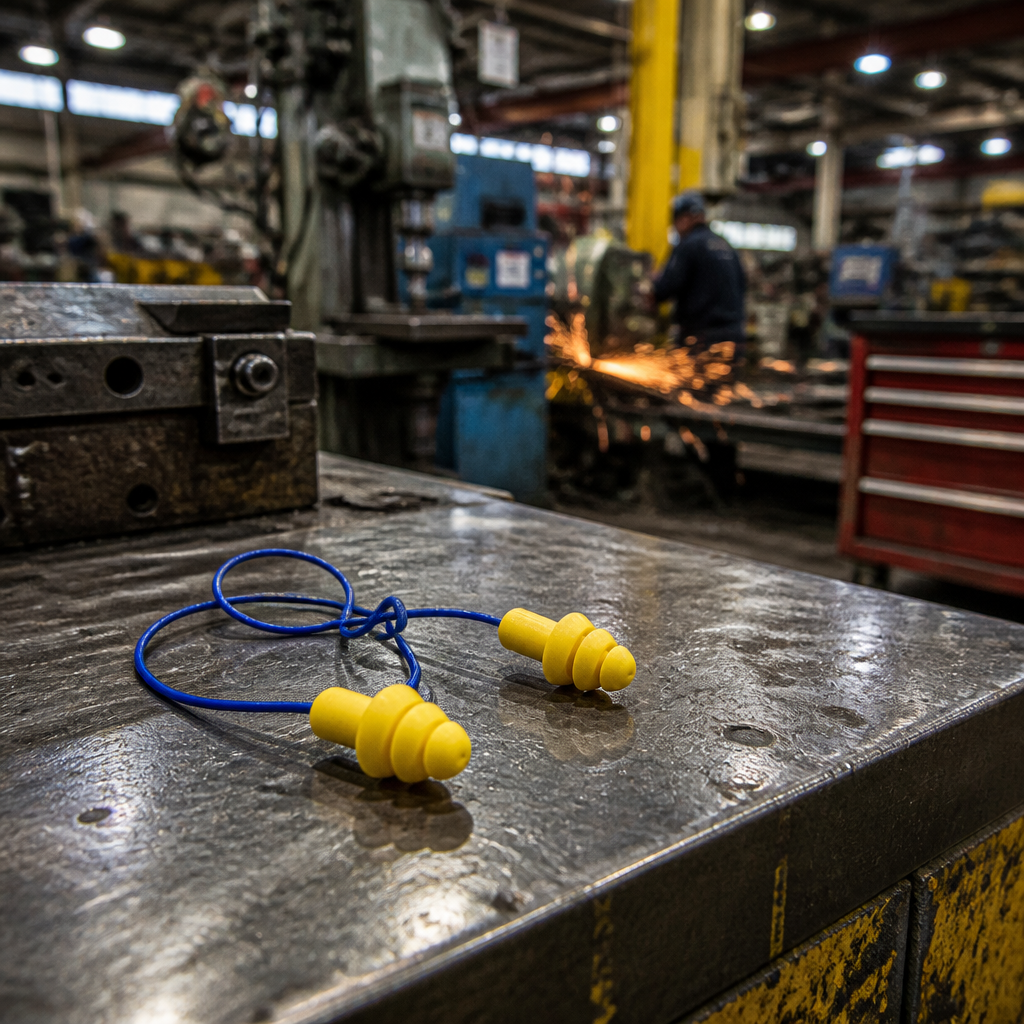 Protective ear plugs positioned in a busy industrial workshop with machinery and tools