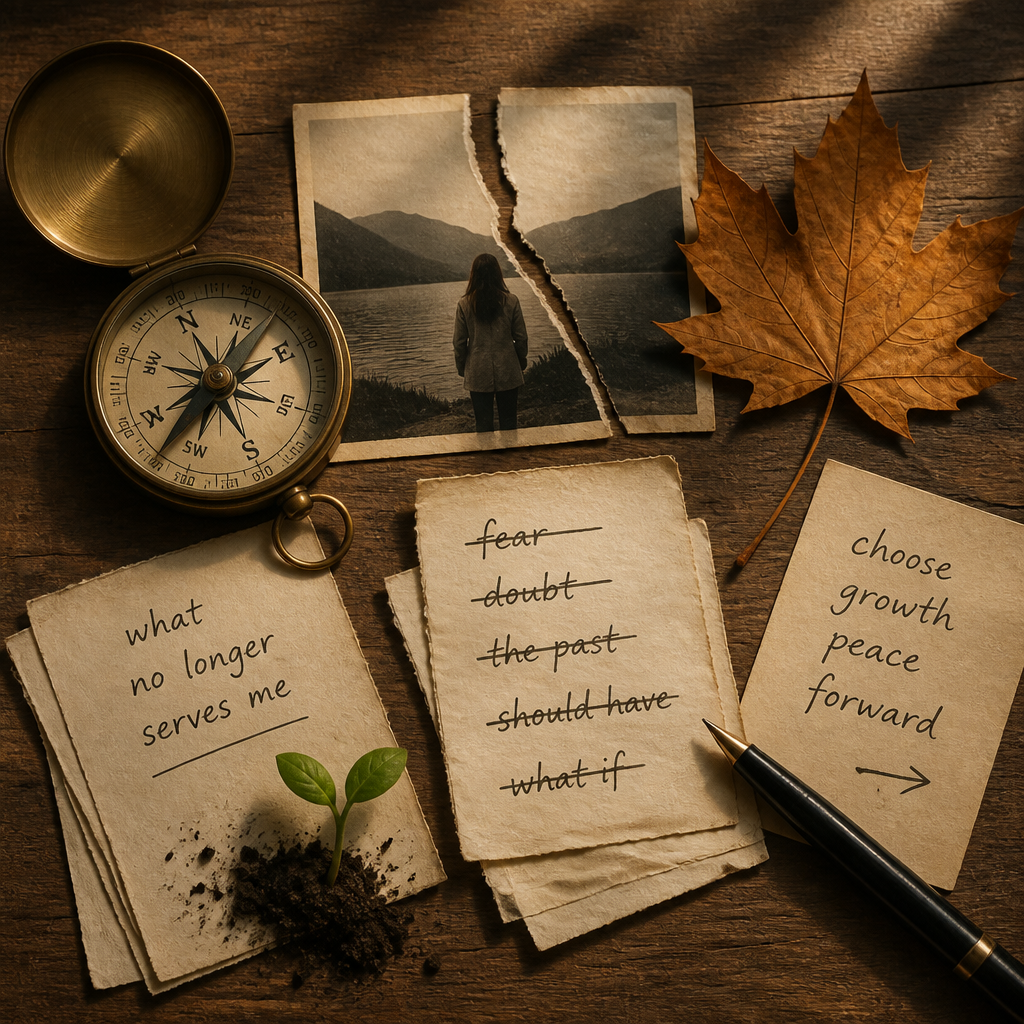 Symbolic flat-lay objects representing reflection, release, and fresh starts