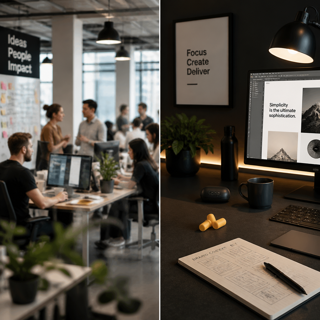 Visual contrast between a chaotic open office and a focused workspace with ear plugs