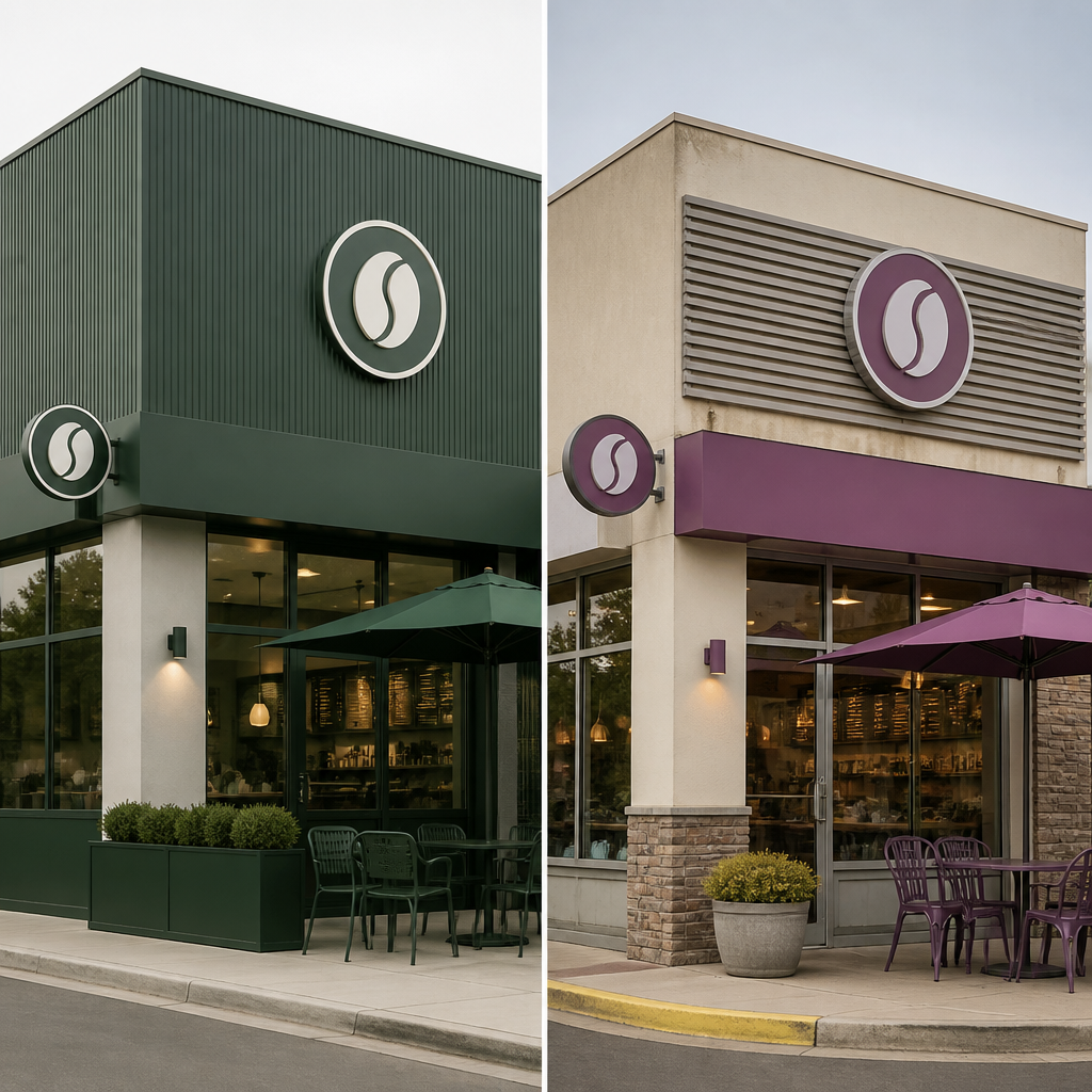 Visual comparison of compliant versus non-compliant franchise signage branding