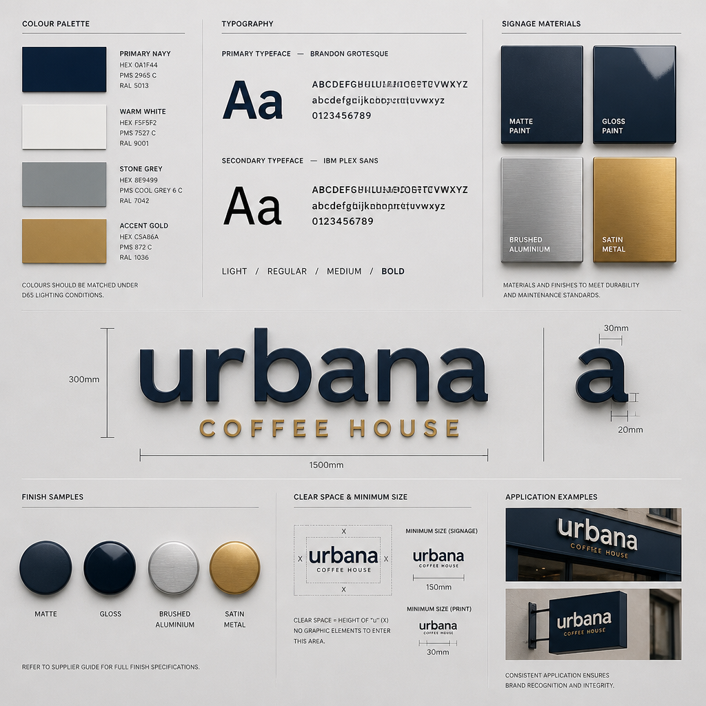 Detailed view of corporate identity standards including colours, fonts, and material finishes for signage compliance