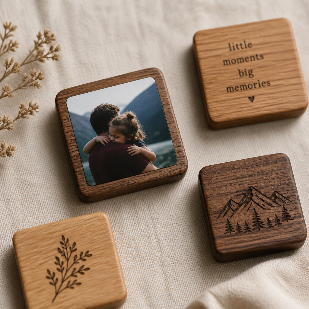 Handmade wooden photo magnets with visible grain texture and nostalgic memories displayed