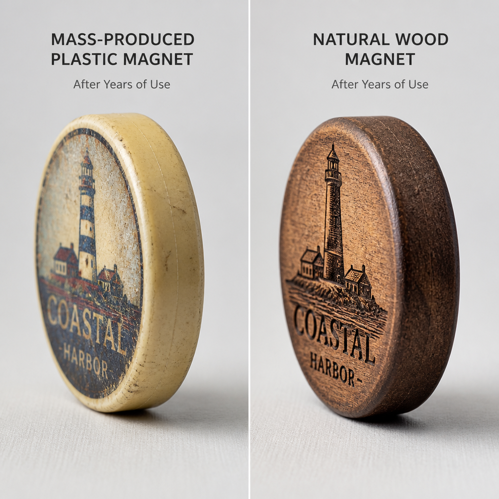 Comparison of mass-produced plastic magnet versus handcrafted wooden magnet durability