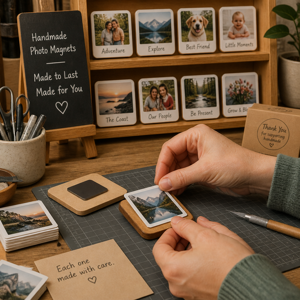 Artisan creating custom photo magnets by hand in a craft studio workspace