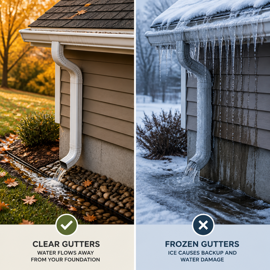 Before-and-after comparison of clear gutters versus frozen, ice-clogged gutters showing water damage consequences