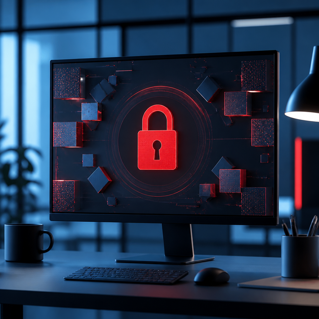 Digitalt padlock-symbol på computerskærm, der repræsenterer krypteret data og cybersikkerhed