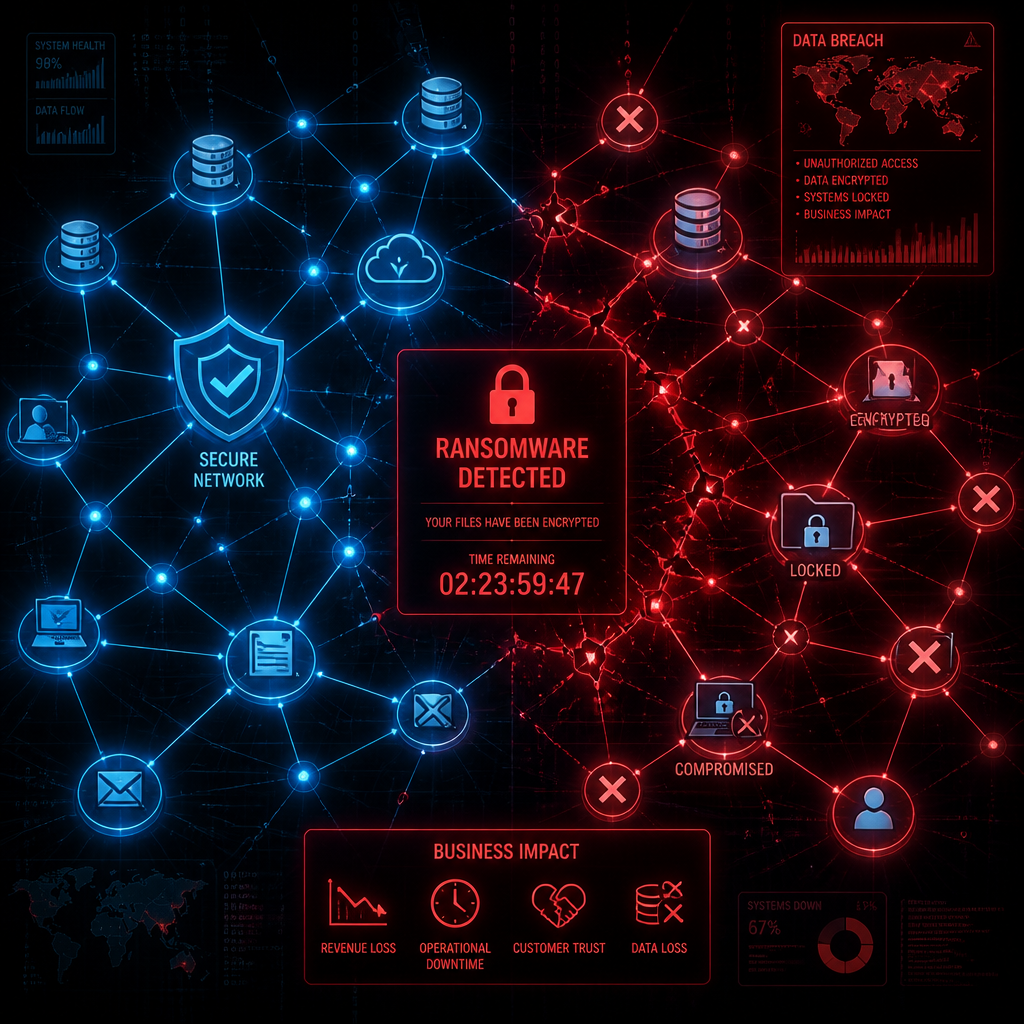 Abstrakt netværksvisualisering, der viser beskadigede og sikre dataeforbindelser under cyberangreb