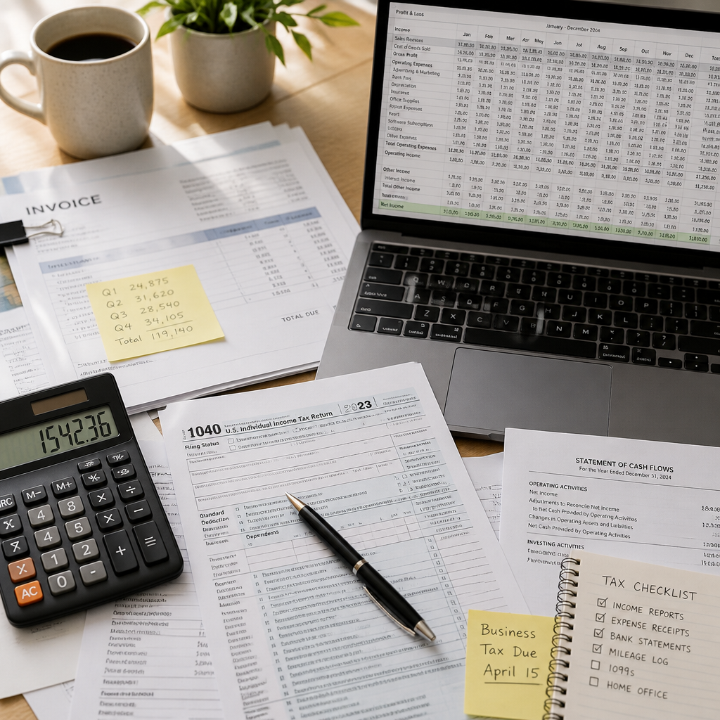 Financial documents and calculator on a desk workspace