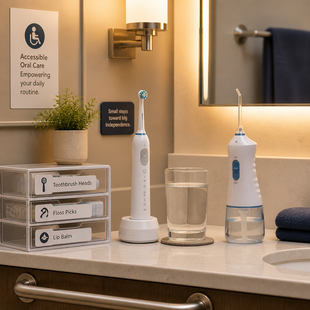 Organized bathroom counter with accessible oral care tools and adaptive equipment for daily use