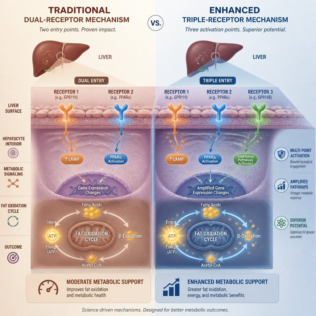 Comparative illustration of hepatic metabolic mechanisms showing dual and triple receptor pathways
