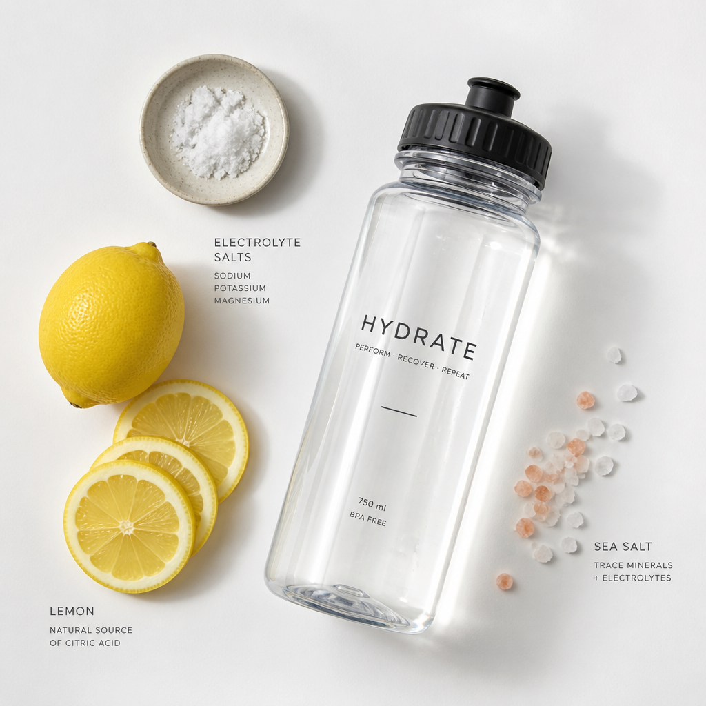 Flat lay showing clear sports bottle with electrolyte ingredients and fresh lemon on white background