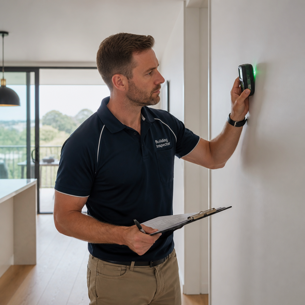 Professional home inspector conducting property assessment with inspection tools and clipboard