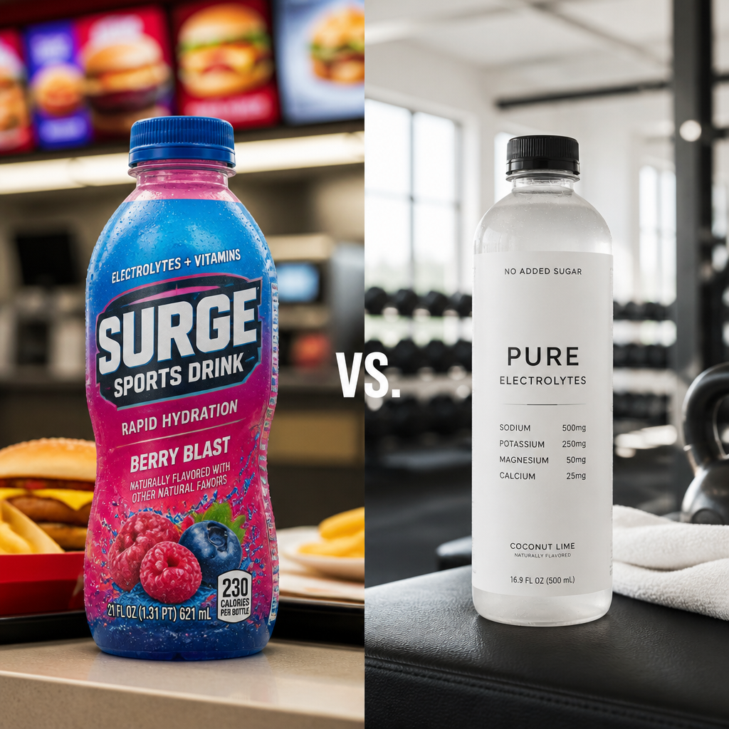 Side-by-side visual comparison of sugary versus sugar-free sports drink formulas in different environments