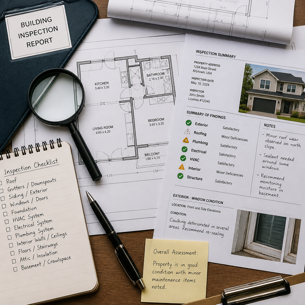 Home inspection report and documentation with building assessment details
