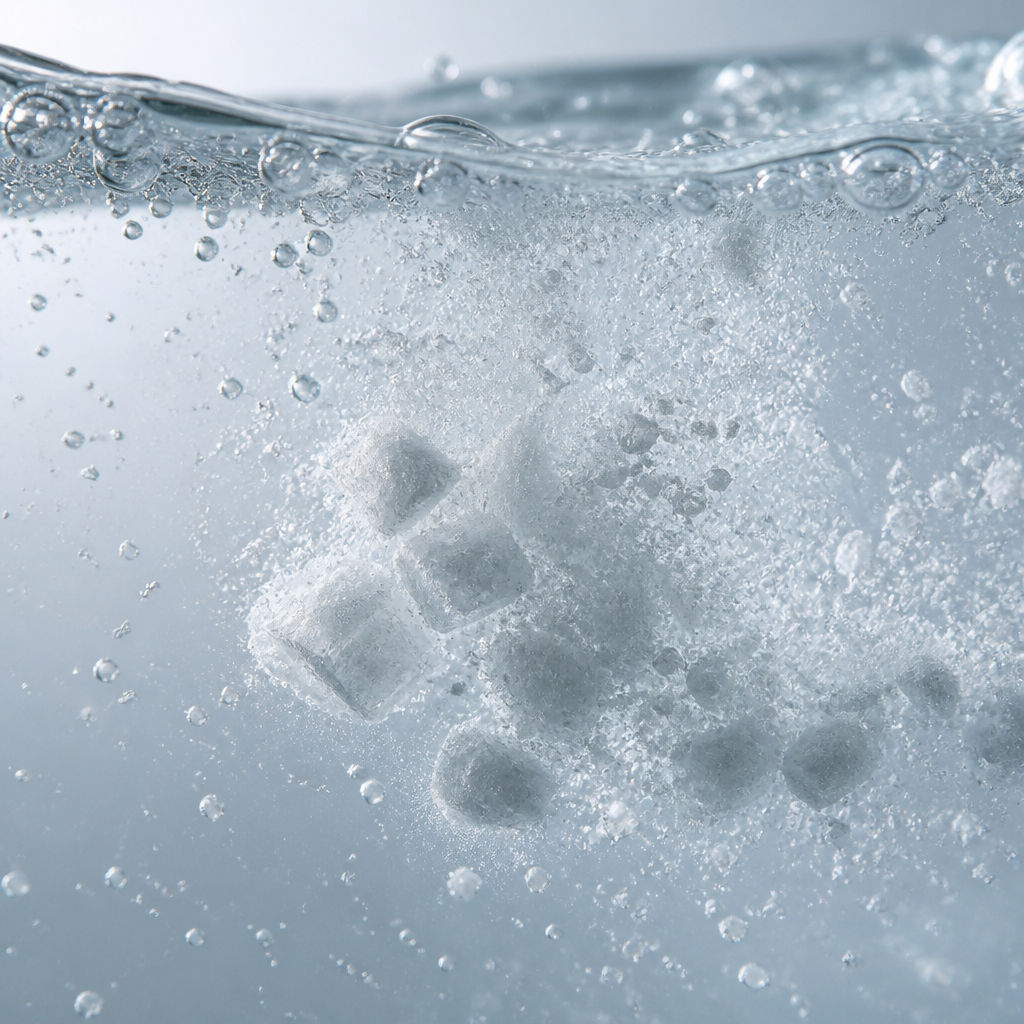 Macro shot of electrolyte powder dissolving in water showing crystal dispersion