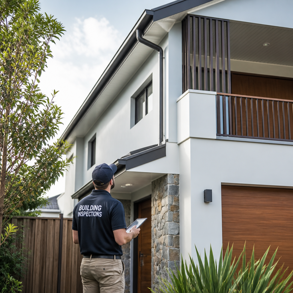 Home inspector evaluating roof, gutters, and exterior weatherproofing on residential property