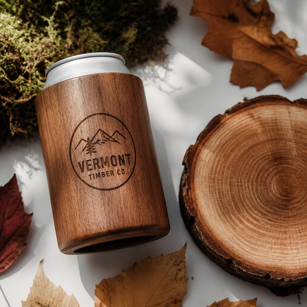 Hardwood can insulator with natural wood materials and forest elements