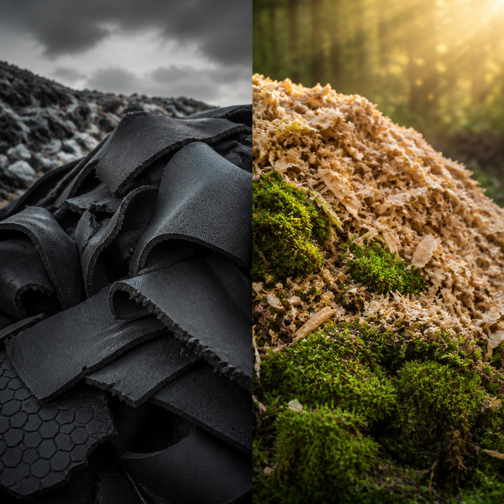 Visual comparison of neoprene waste versus biodegradable wood materials