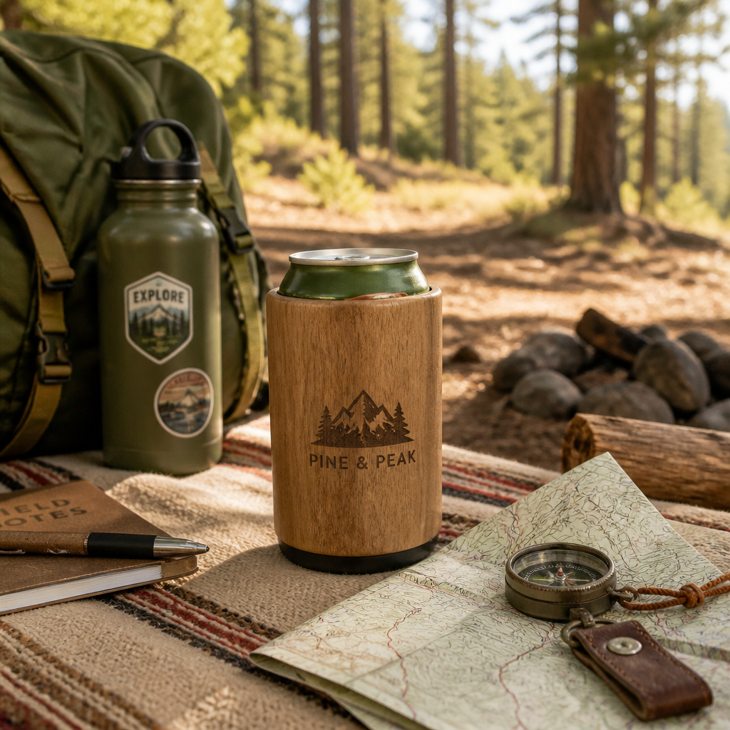 Wooden can insulator as part of outdoor hiking and camping gear