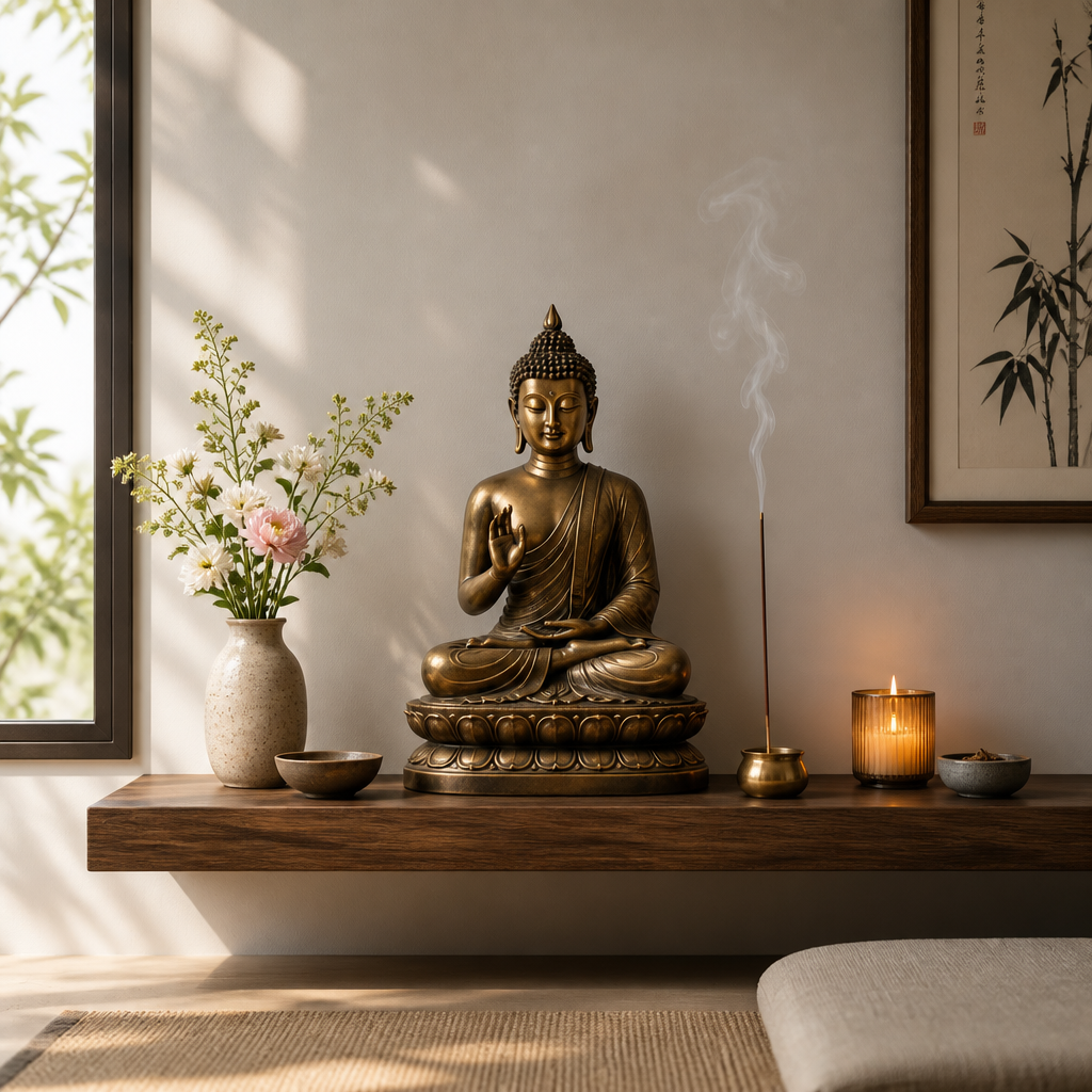 Minimalist home altar with bronze Buddha statue, incense, flowers, and candle on wooden shelf