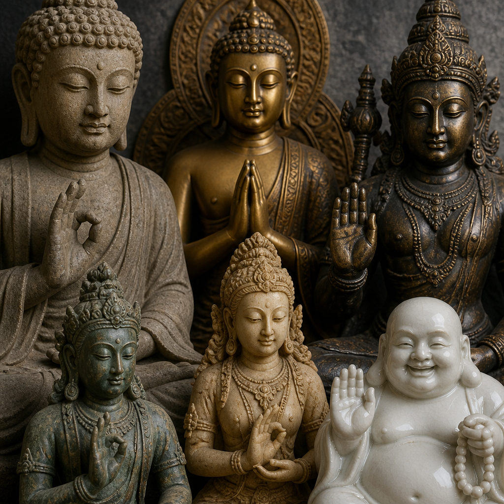 Detail view of multiple Buddha and Hindu deity statues showing various mudras and hand gestures
