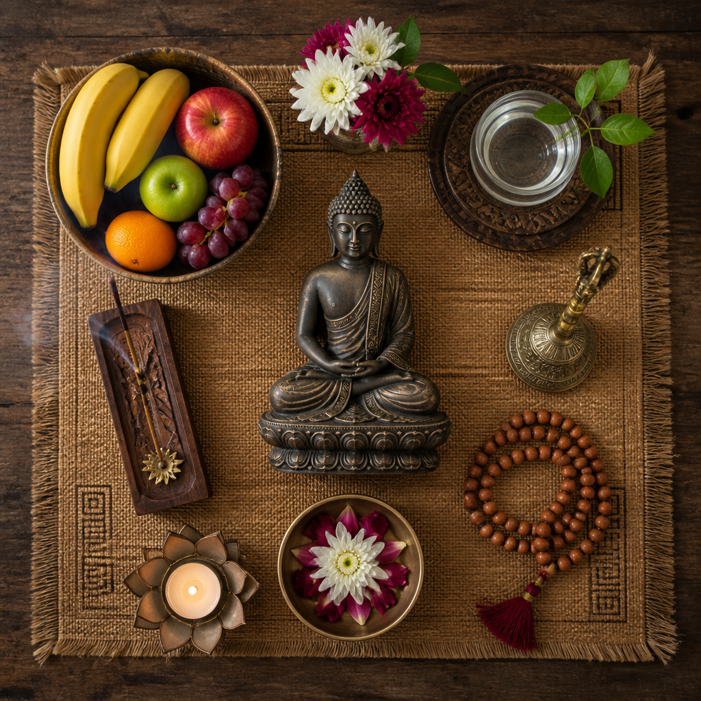 Overhead arrangement of altar offerings including Buddha statue, fruit, flowers, incense, and meditation beads