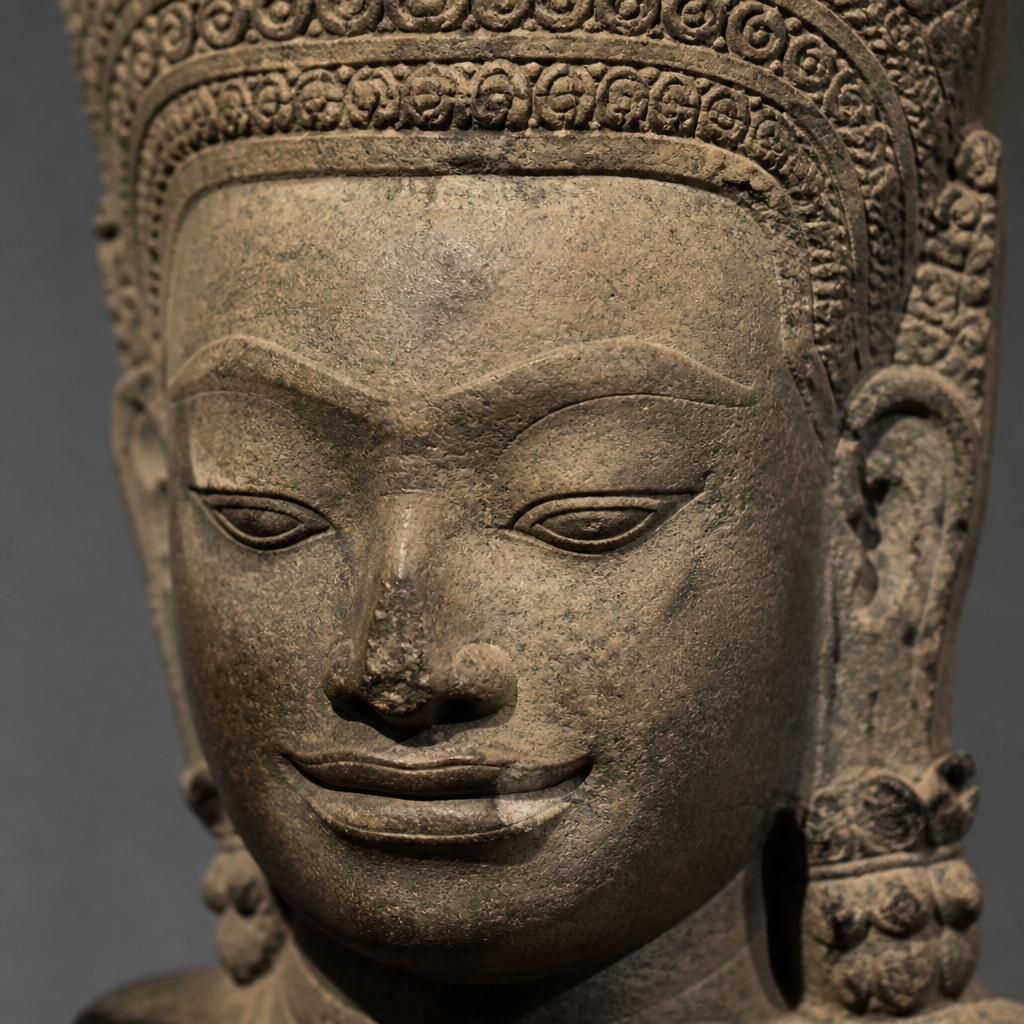 Detailed close-up of an ancient Khmer stone sculpture face showing classical Angkorian carving techniques