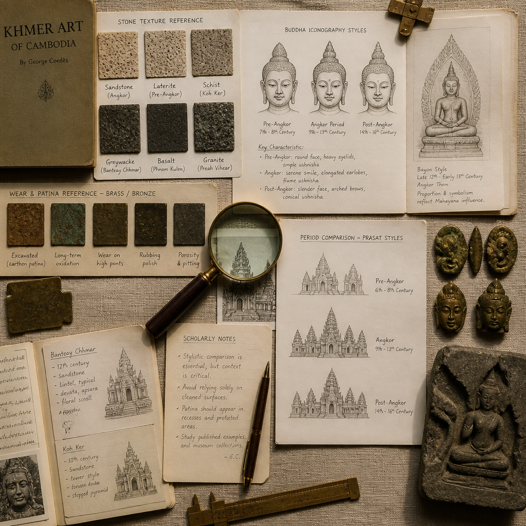Flat-lay arrangement of Khmer sculpture authentication reference materials and collector's tools