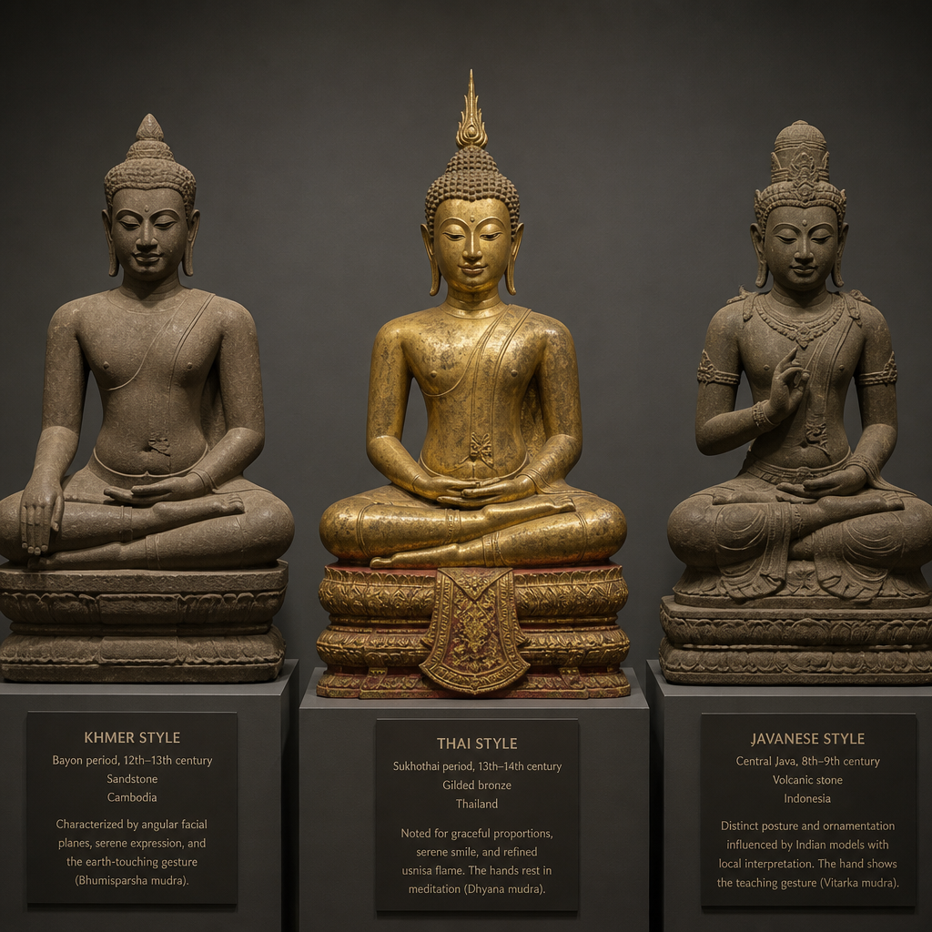 Side-by-side comparison of Khmer, Thai, and Javanese Buddha sculpture traditions highlighting stylistic differences