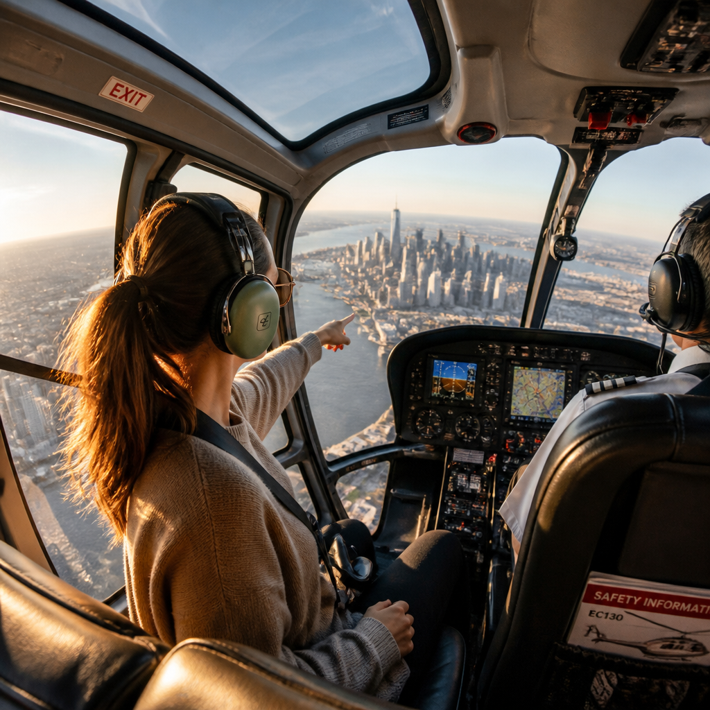 Wnętrze kabiny helikoptera z pasażerem patrzącym na panoramę miasta przez okno