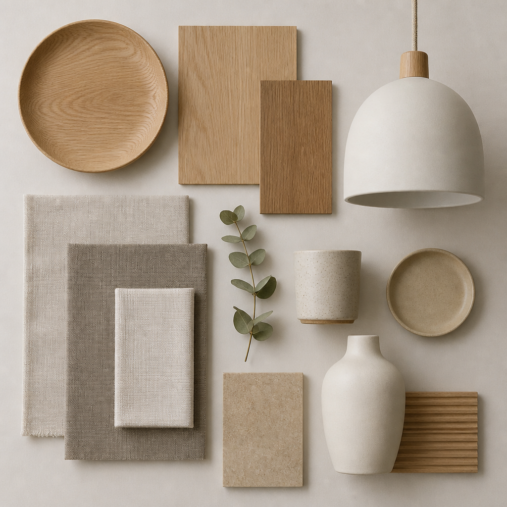 Arrangemang av nordiska designmaterial: trä, linne, keramik och belysning
