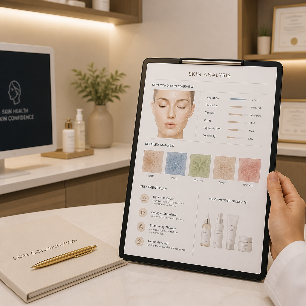 Professional consultation workspace showing treatment planning materials and skin analysis documentation