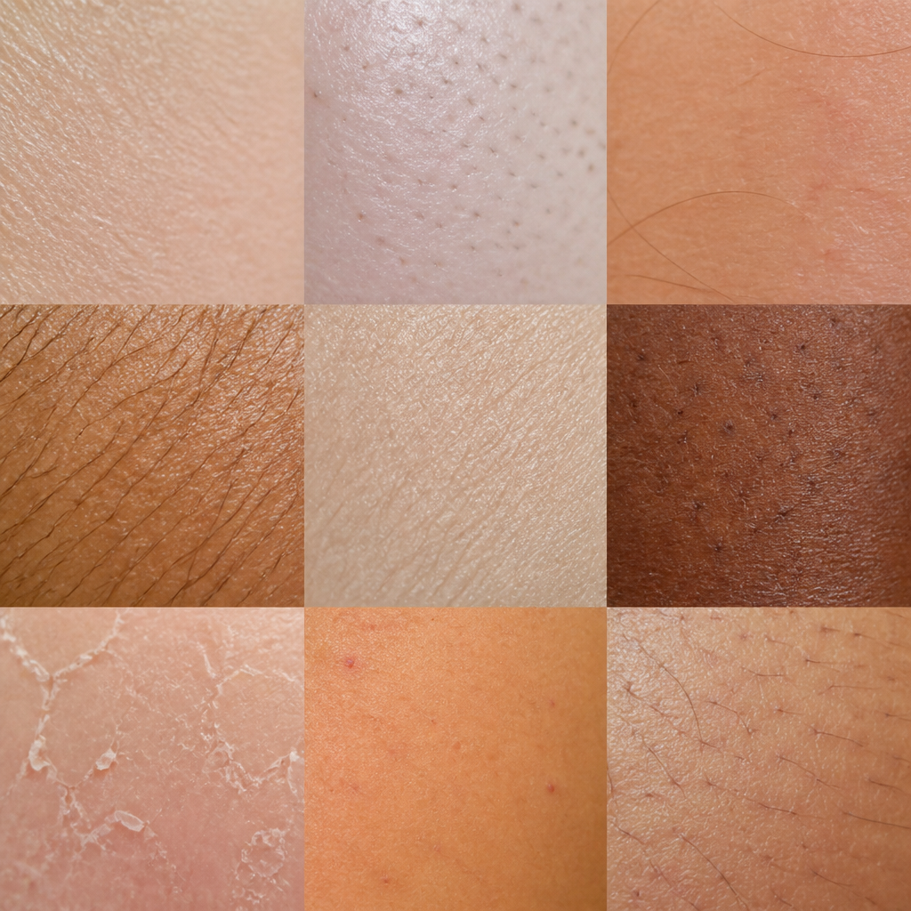 Detailed skin assessment illustration showing various skin types and characteristics