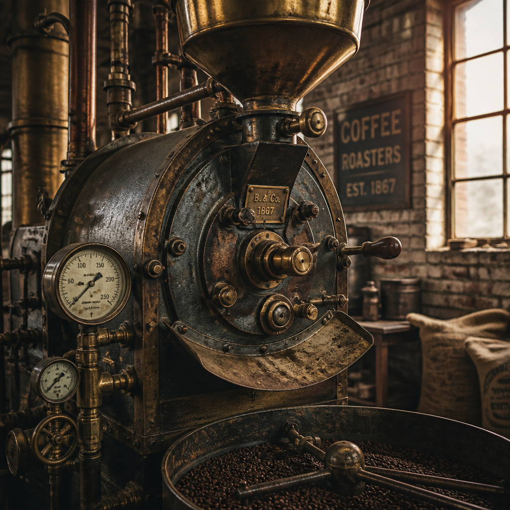 Vintage coffee roasting machinery with aged brass and copper details