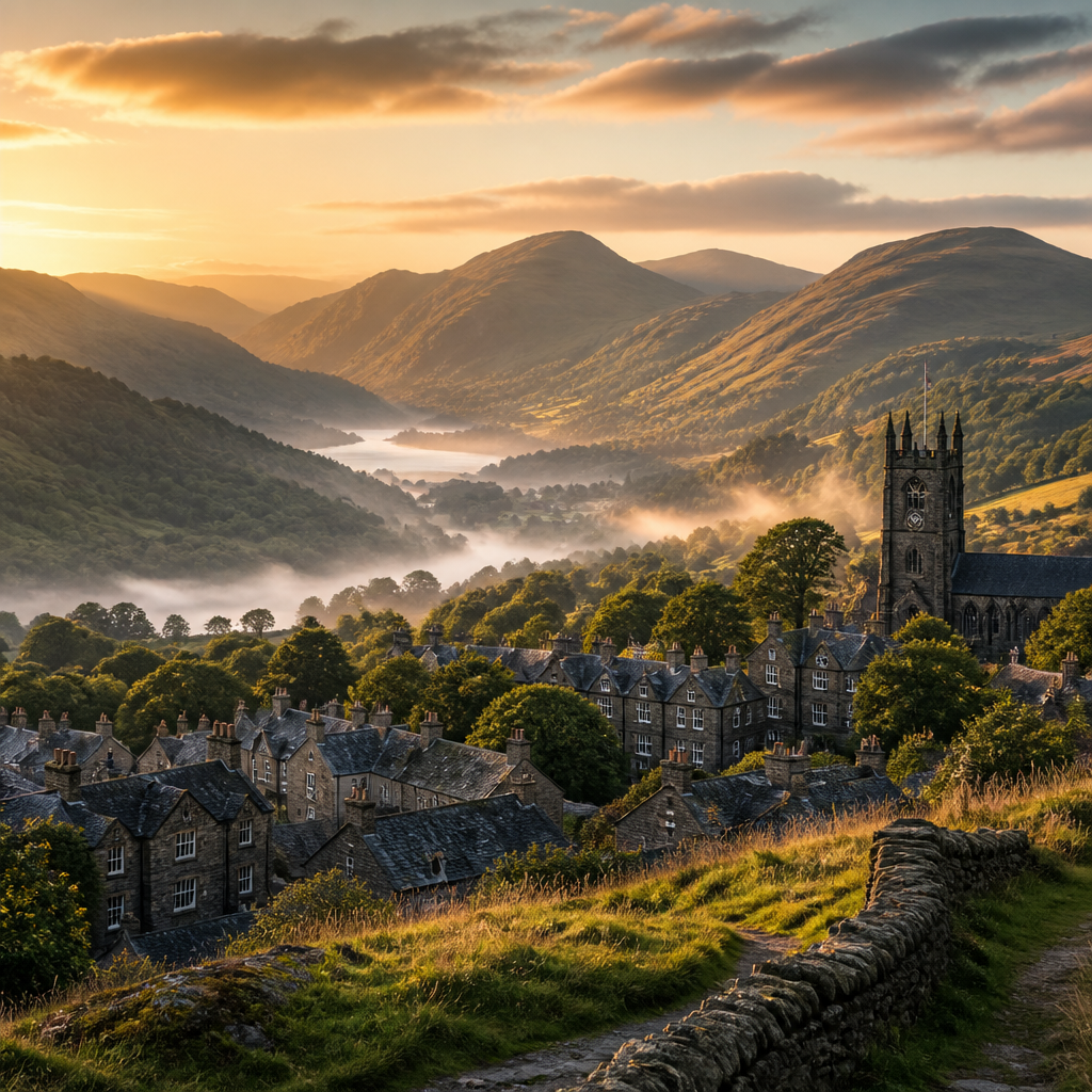 Lake District mountains and valleys in golden sunlight