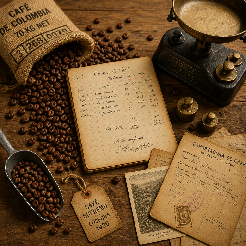 Artisanal coffee beans, scales, and historical documents arranged on wood