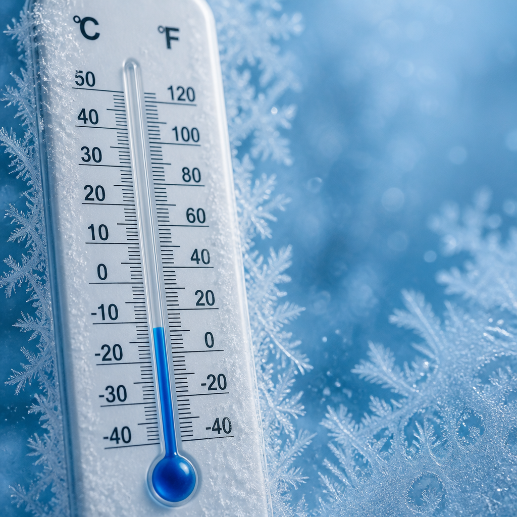 Termómetro mostrando temperaturas frias com cristais de gelo