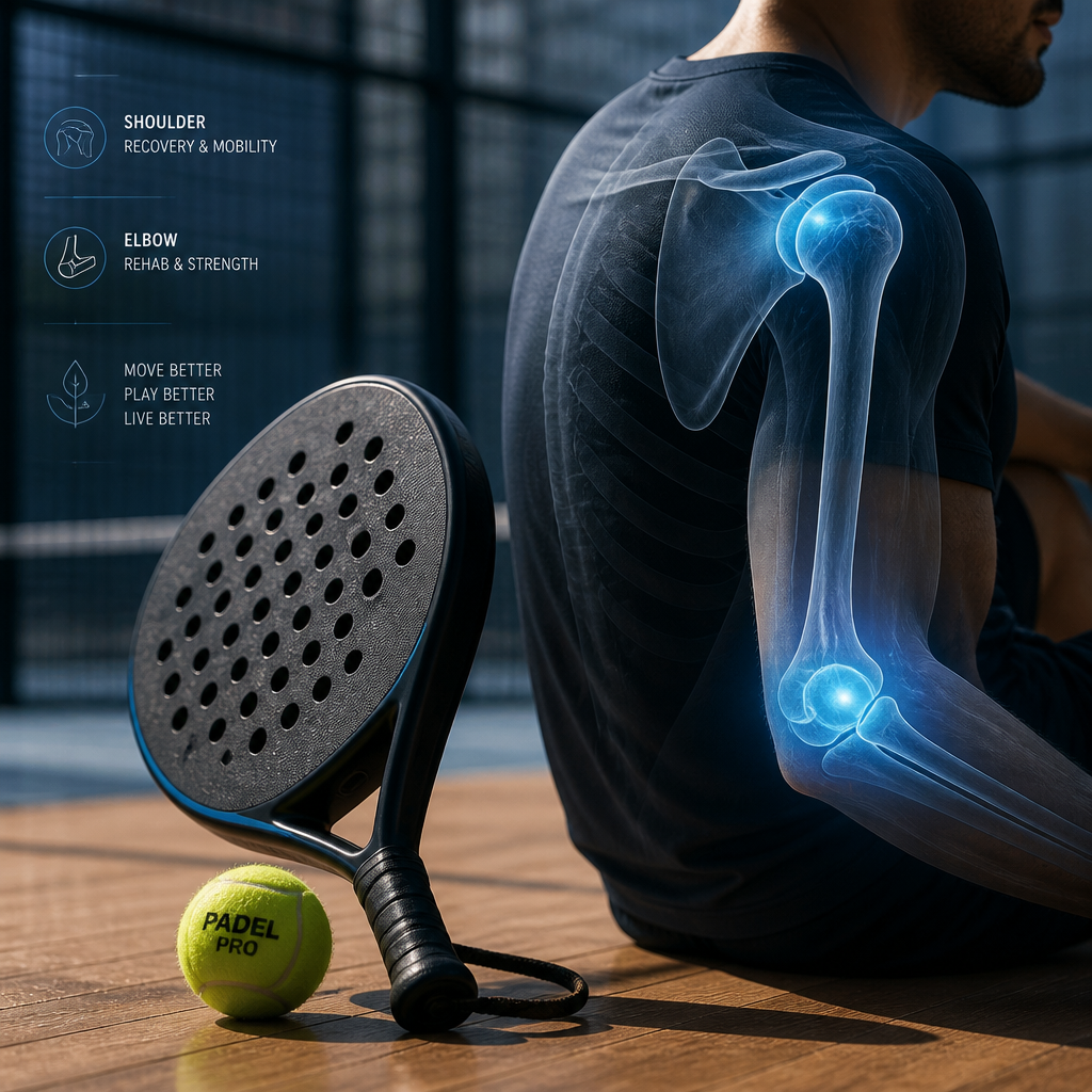 Raquete de padel com destaque visual das áreas de articulações afetadas
