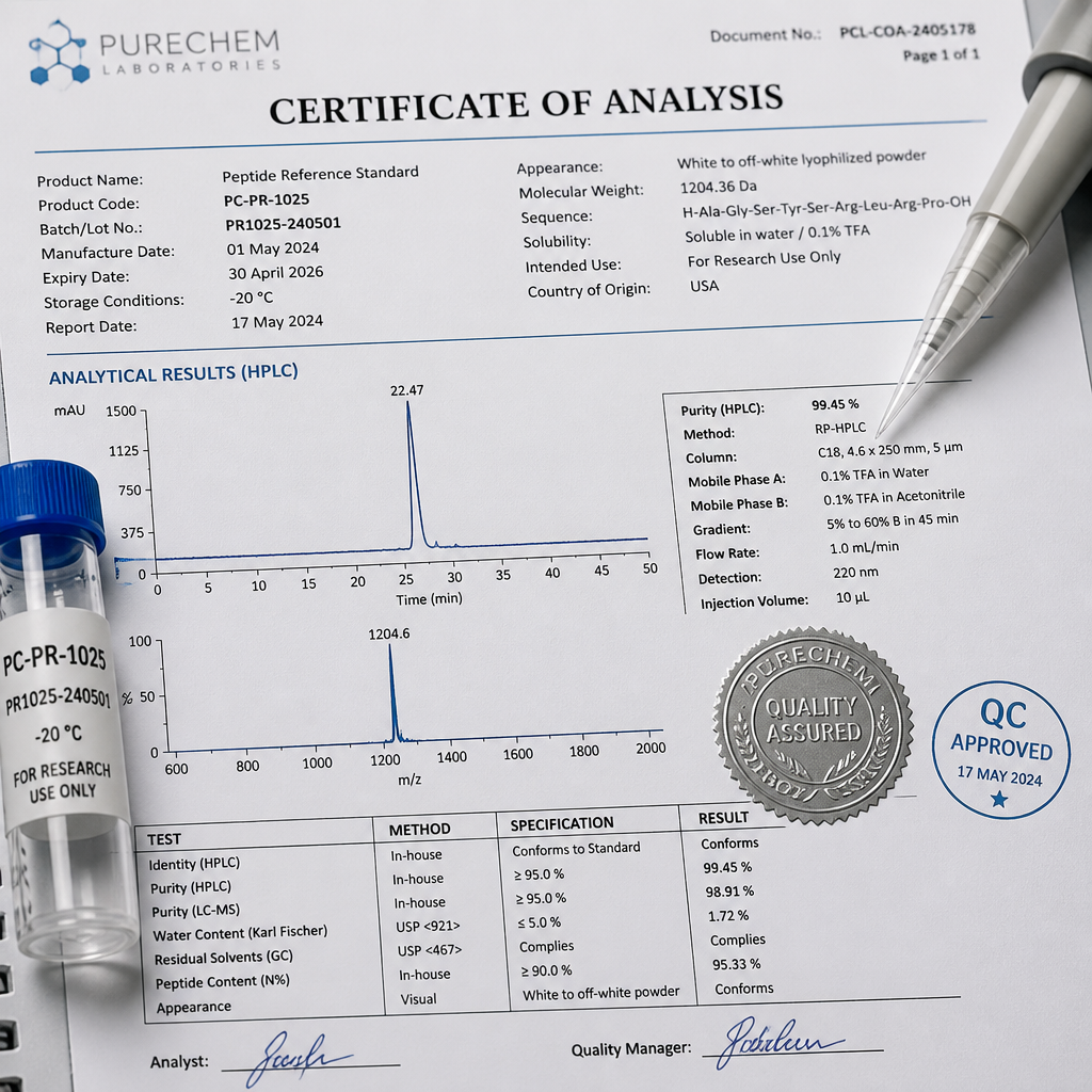 Certificate of Analysis document with chromatography data, batch details, and laboratory equipment representing peptide compound verification