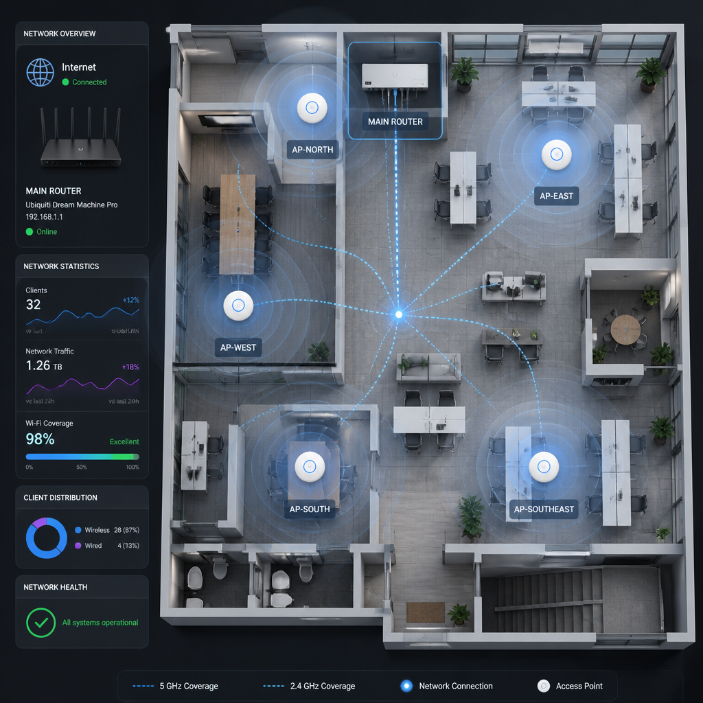 Kontor workspace med visualisering af Wi-Fi-routere og netværksdækning