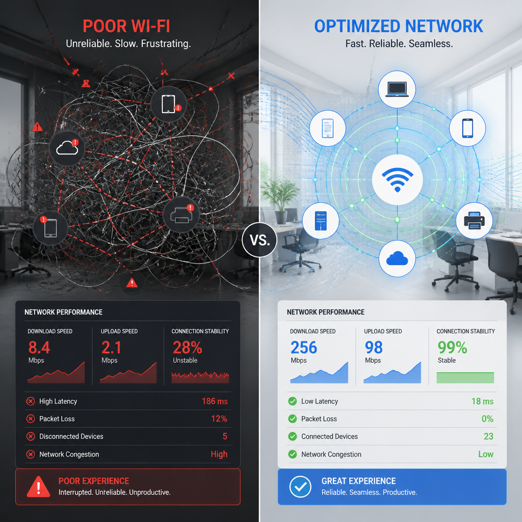 Visuel sammenligning af dårlig versus optimeret Wi-Fi-netværksydelse